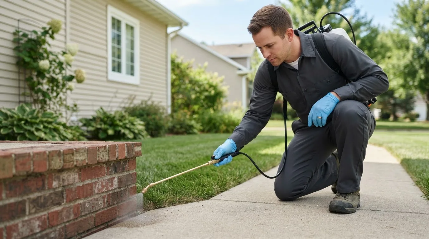 Pest control technician treating a home near Rockport, ME